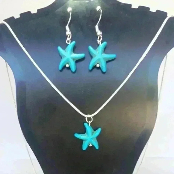 Mom's Island Beads Jewelry - Turquoise Starfish Silver Necklace and Earrings Set